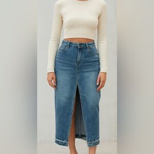 Happily Grey Denim Midi Skirt with Front Slit and Frayed Hem Size 3